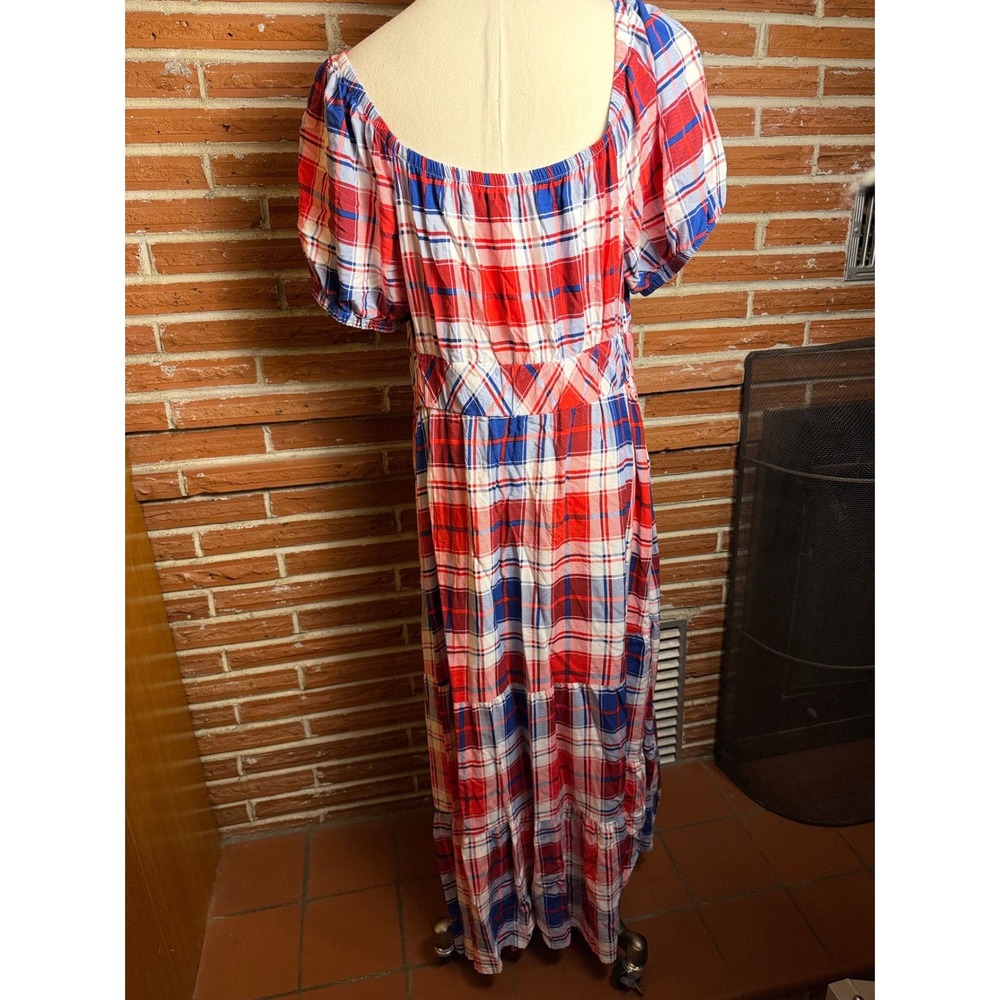 Torrid Plaid Tiered Maxi Dress Americano R/W/B Puff Sleeve Square Neck Large - Picture 2 of 9